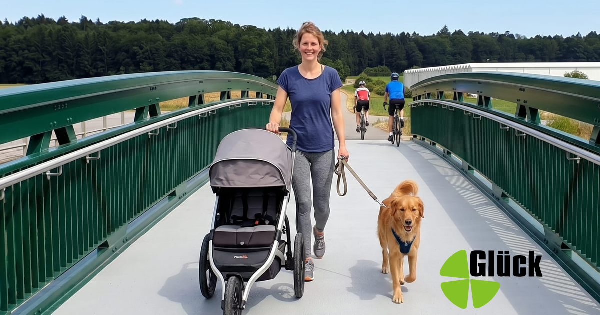 Frau mit Kinderwagen und Hund auf einer grün lackierten Aluminiumbrücke